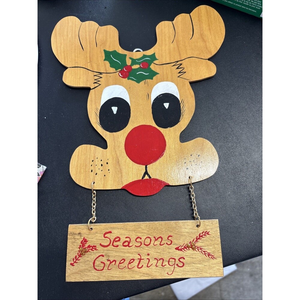 Vintage Christmas Hand Made Rudolph Red Nose Reindeer Wall Door Hanging Wood